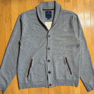 Sold:VTG Brooks Brothers Grey Large Shawl-Collar Cardigan 100% Cotton Suede Trim